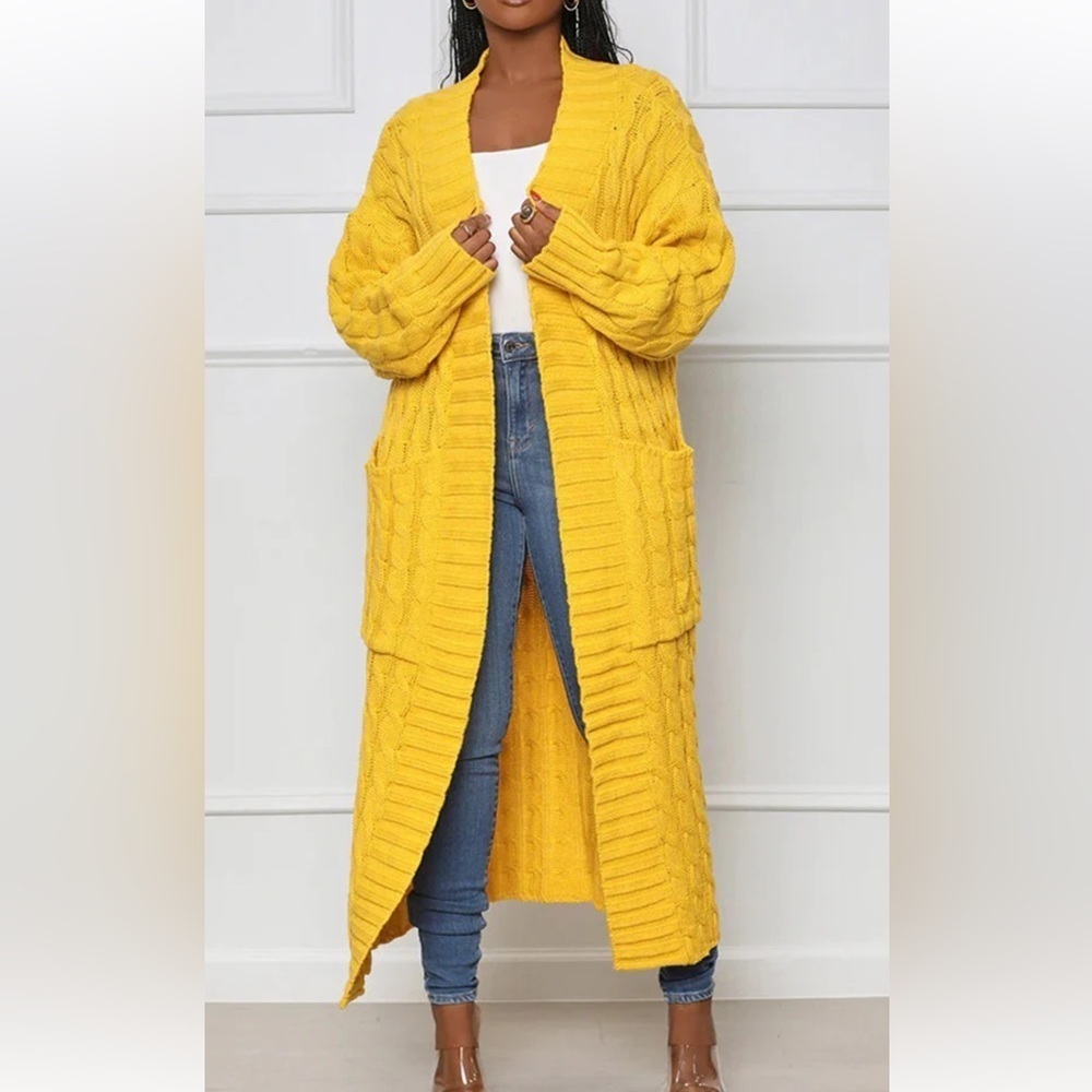 Unbranded Yellow Cable Knit Long Cardigan SweaterS Small
